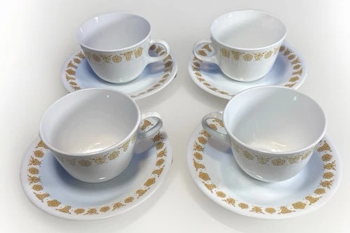 Set Of 4 Vintage Corning Ware Corelle Butterfly Gold Coffee Tea Cups & Saucers