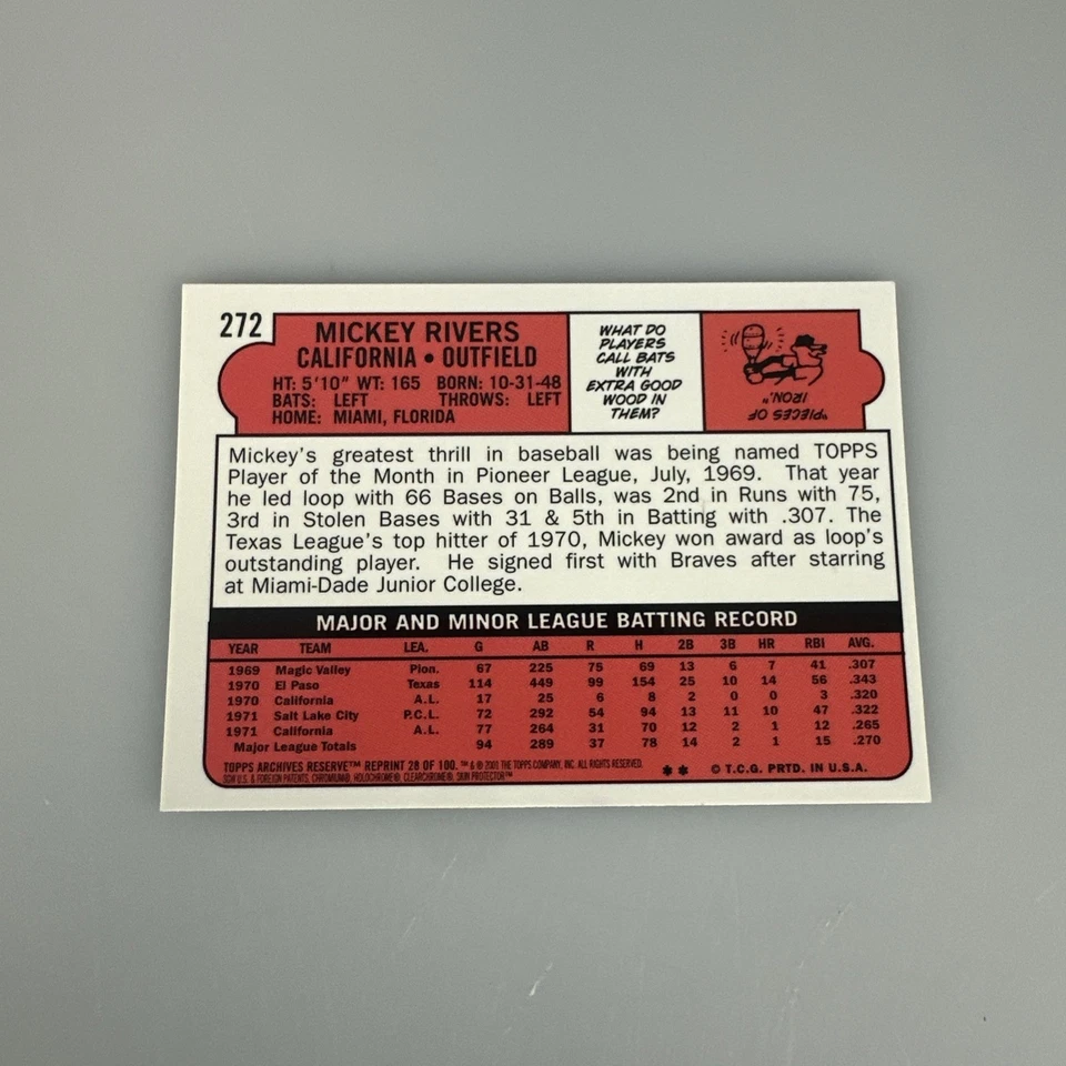 2001 Topps Archives Reserve No272 переливающаяся карточка Микки Риверса - Изображение 2 из 2