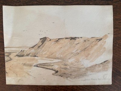 Antique Pencil Ink Wash Morsum Cliff Island Sylt Germany c.1860 9.5''x13''