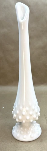 Fenton Hobnail White Milk Glass 10.75” Pedestal Swung Stretch Bud Vase Vintage