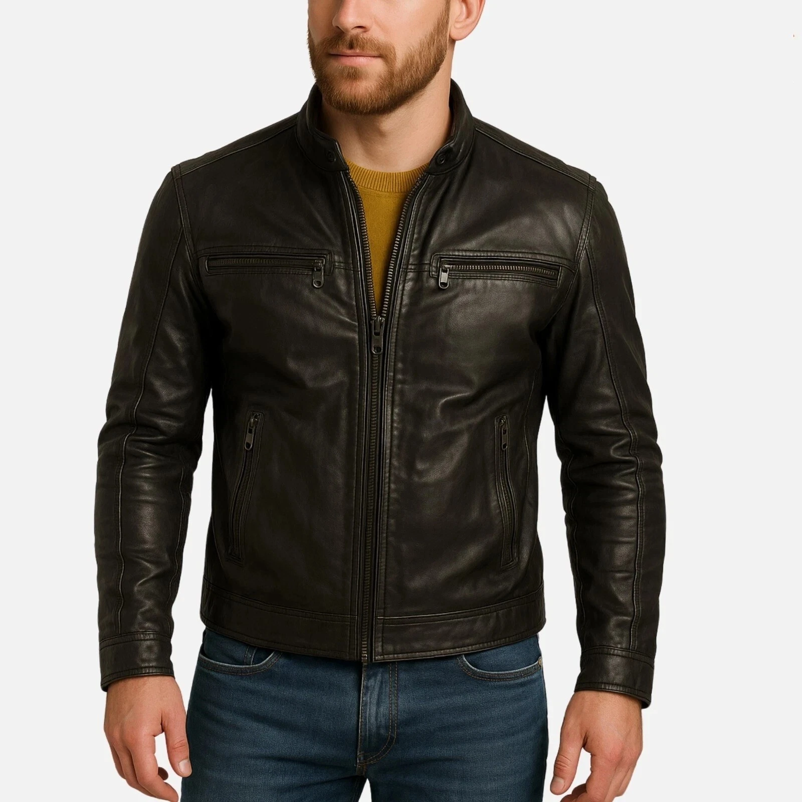 Mens Black Leather Jacket Pure Lambskin Moto Biker Zip Custom Made S M L XL- 294