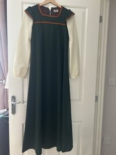 Vintage 1970s Green Maxi Dress UK Made Boho Mod Geometric Trim Empire Line XS