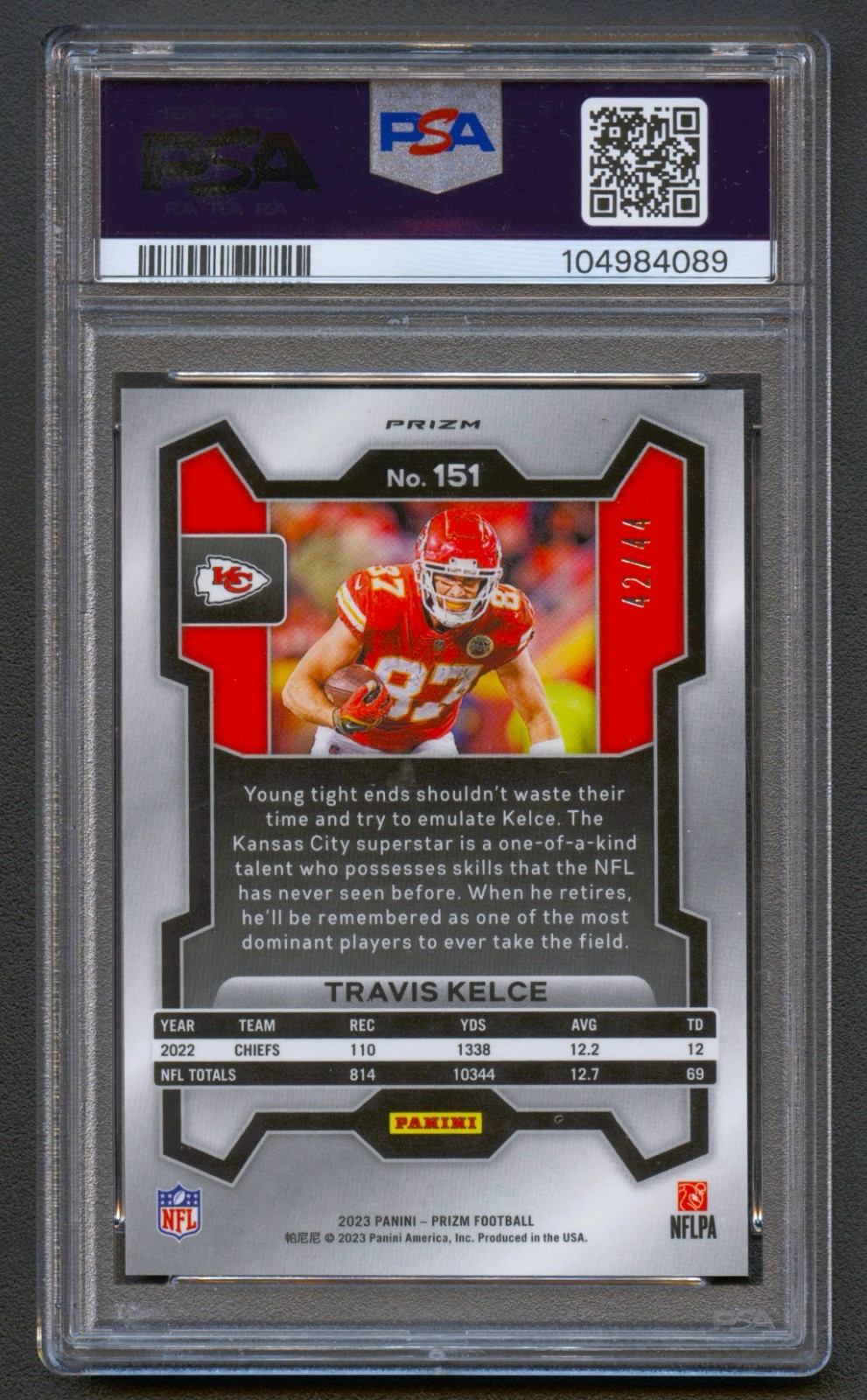 TRAVIS KELCE 2023 PRIZM RED & YELLOW CHIEFS REFRACTOR /44 PSA 10 *POP 1* view 2