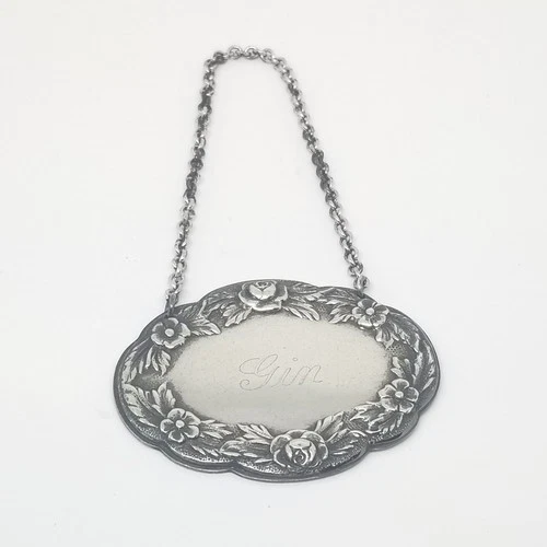 S. Kirk & Son Sterling Silver Gin Liquor Decanter Label Tag Respousse Roses