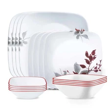 Corelle Kyoto Leaves 16-Piece Square Dinnerware Set, Service for 4 - White