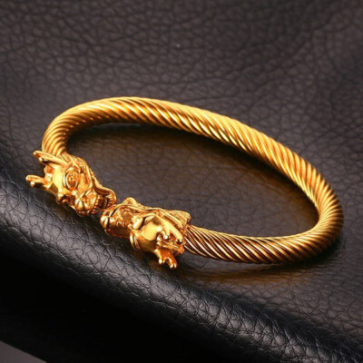 ❤べるさま❤bracelet❤金龍❤ Fashion Mens 18K Gold Tone Dragon Stainless Steel Cable Bangle