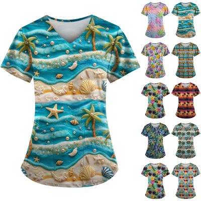 Top for Women Short Sleeve Printed Working Uniform V-Neck Casual Plus Size Shirt