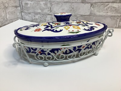 Temptations Ovenware Tara Large Oval Casserole Cover White Wire Carrier Rare 8 