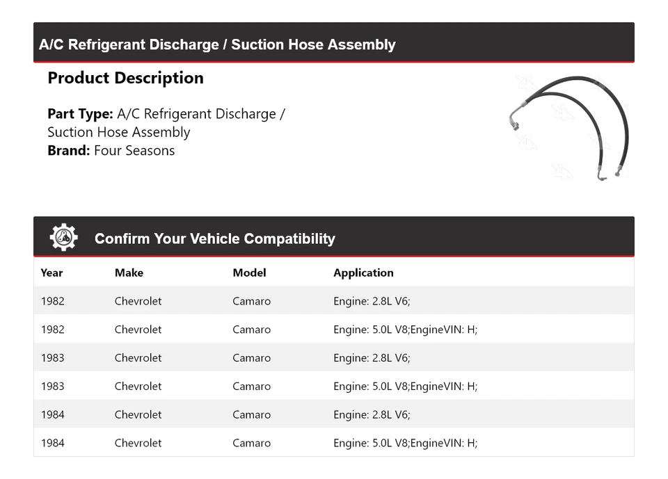 Conjunto de manguera de línea de succión de descarga para Chevrolet Camaro 1982-84 4 estaciones 19 Foto 2 de 4