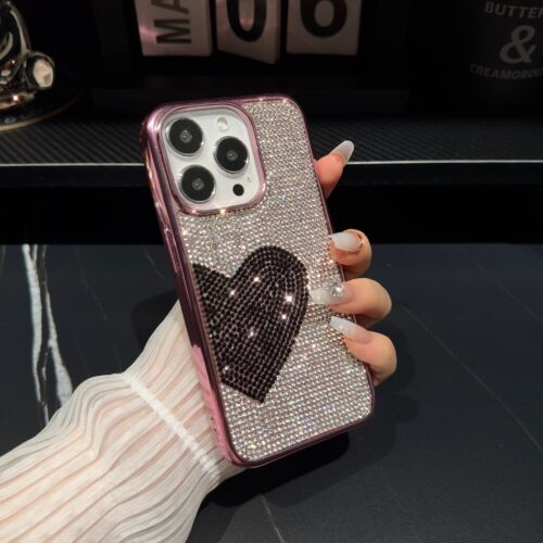 For iPhone 15 Pro Max 14 13 12 Plated Glitter Rhinestone Heart Design Phone Case - Picture 18 of 19