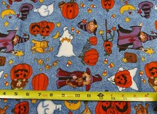 Fabric ghosts, witch Hats, cats, witches, pumpkins on blue crackled 1 yd new