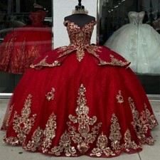 Off Shoulder Red Quinceanera Dresses Appliques Backless Bow Pageant Prom Gowns