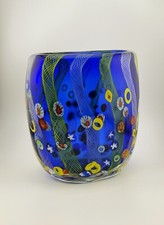 Murano Style Art Glass Vase Blue Millefiori Italian Style Hand Blown Colorful