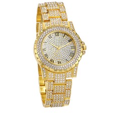 Luxury Mens Full Rhinestone Round Roman Numerals Dial Quartz Analog Wrist Watch