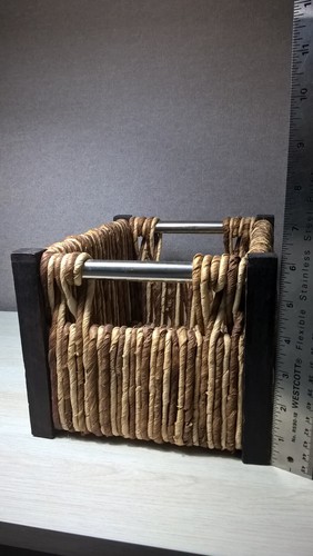 Rustic 10" Rectangular Woven Basket Jute? Fibers W/ Wood Corners & Metal Handles - Picture 3 of 9