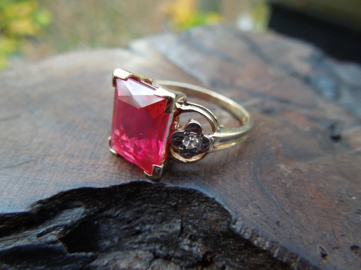 Vintage 10k Yellow Gold Square Lab Ruby Diamond Ring Size 5
