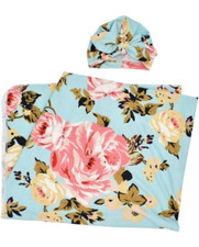 Baby Swaddle Blanket With Matching Hat Newborn Babies Blue and Pink Floral Print