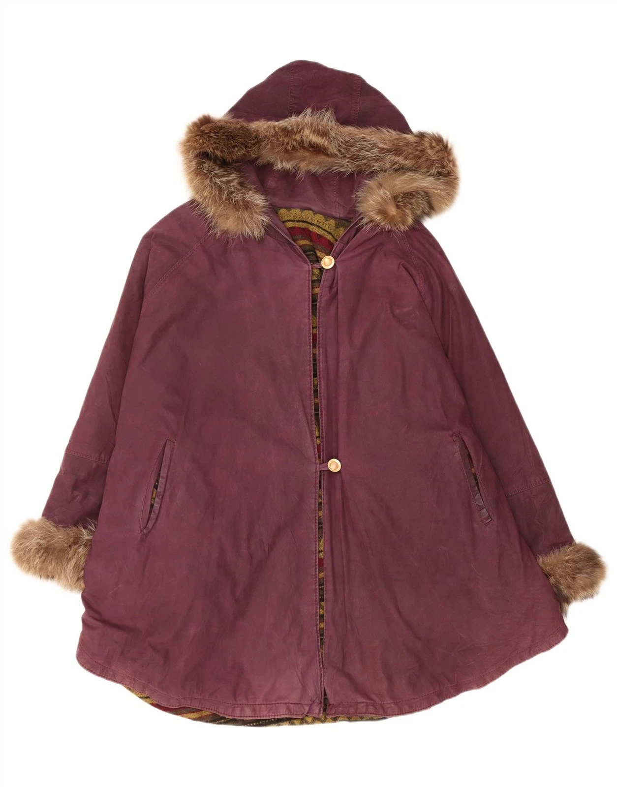 Vintage Womens Hooded Leather Poncho Coat One Size Maroon CI01