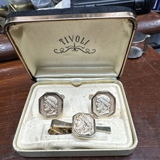 Vintage Tivoli Cuff Link & Tie Pin Set Gold  Tone Metal in Original Box