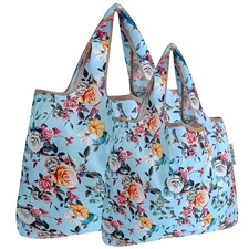 Reusable Tote Bag Set of 2 Roses on Blue Lightweight Durable Eco Friendly