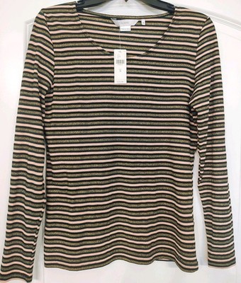 Anthropologie Numph Women Striped Sweater/Top Sz M Peach Green Gold Shimmer NWT