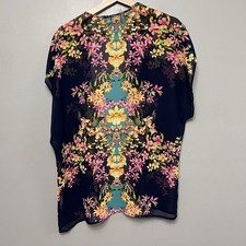 Mahina Women’s Made In USA Navy Blue Colorful Floral Print Kimono Size Medium