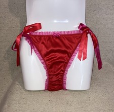 Victoria s Secret Red Silk Satin Pink Ribbon Side Tie String Bikini Panties M L