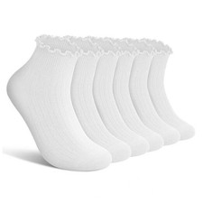 Ruffle Socks Womens 6 Pairs  Cute Ankle Lettuce Edge Frilly 5-9 White  6 Pairs  