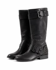 Brian Atwood Black Leather Knee High Boots Crystal Stud Heel Buckle Moto 8.5
