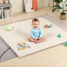 50"x50" Premium Baby Play Mat Thick Memory Foam w Wipe-Clean Leather Cover Cream