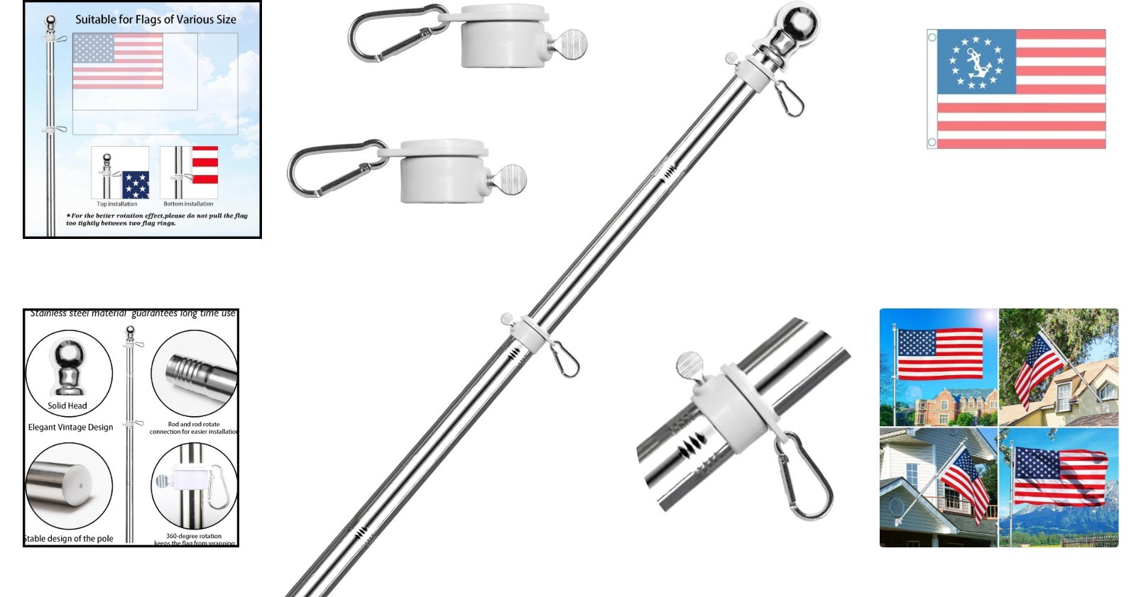 6 FT Stainless Steel Flag Pole Kit with Rotating Rings & Easy Assembly - Silver