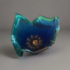 Vintage Italian Murano Style Art Glass Bowl, Cobalt Blue, Green Crest Edge 7.5”H