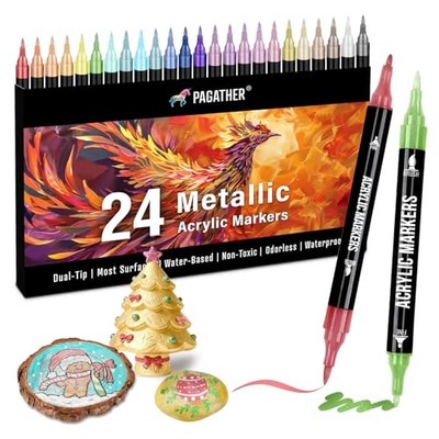 s Acrylic Paint Markers, Dual Tip with Fine Tip and Brush Tip 24 Metallic Color