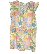 C&C California Women's 100% Linen Tropical Shift Dress Flutter Sleeve Size L NWT