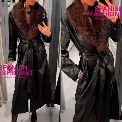 ZARA WOMAN FW25 BLACK FAUX LEATHER COAT WITH DETACHABLE COLLAR 8490/762/800