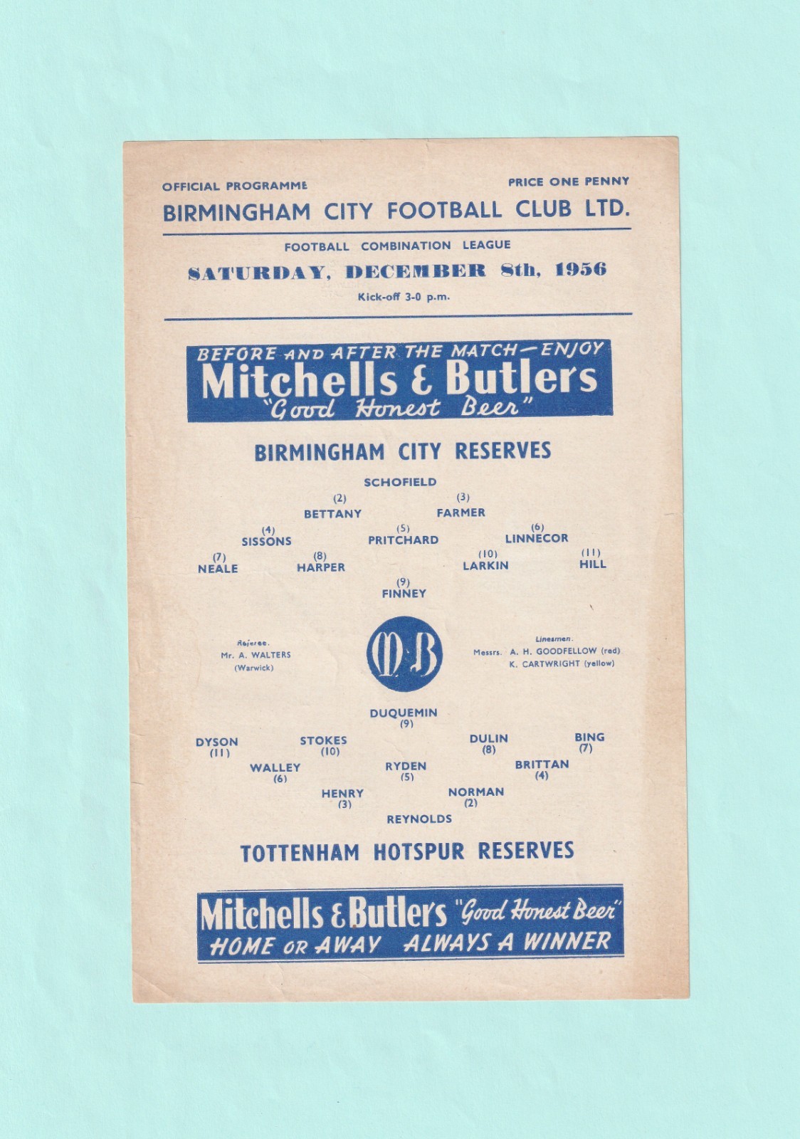 1956/57 FOOTBALL COMBINATION : BIRMINGHAM CITY v TOTTENHAM HOTSPUR RESERVES for sale on Ebay