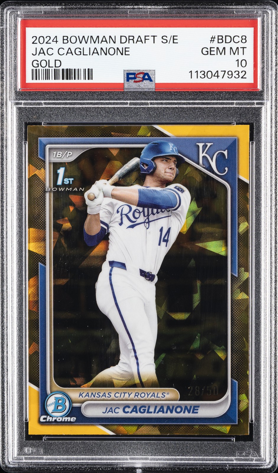 2024 BOWMAN DRAFT SAPPHIRE ED GOLD #BDC8 JAC CAGLIANONE 28/50 PSA 10