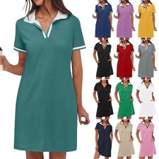 UK 6-20 Womens Loose V Neck Shirts Dress Summer Pocket Loose Tennis Golf Dresses