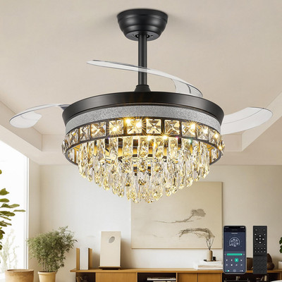 Retractable 42'' Fandelier Ceiling Fan with LED Light, 6 Speeds, Black