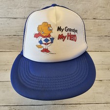 Vintage My Grandpa My Hero Hat Cap Snap Back Blue White Trucker Mesh Mens 80s
