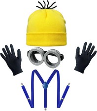 4PCS Halloween Costume Set - Yellow Beanie Goggles Gloves Suspenders