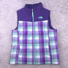 The North Face Vest Girls Large Quilted Insulated Purple Plaid Full Zip Jacket