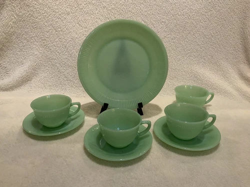 Fire King Jade Ite ‘Jane Ray’ Set-4 Cups, 3 Saucers, 1-9” Dinner Plate