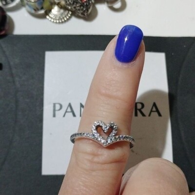 Pandora Sterling Silver Sparkling Wishbone Heart Ring w/ Clear Zirconia  Size