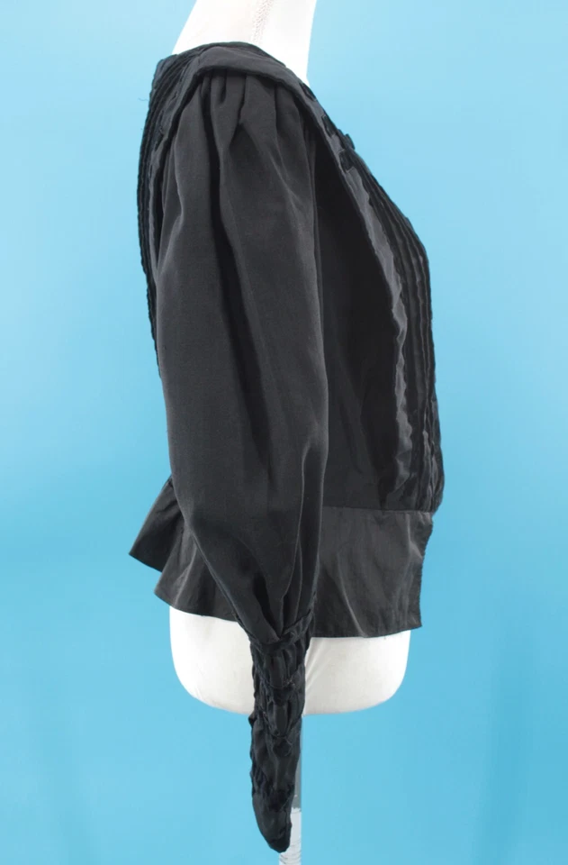 Chaqueta de lana negra eduardiana antigua de finales de 1800 de colección para mujer con ribete de terciopelo XS/S Foto 3 de 4