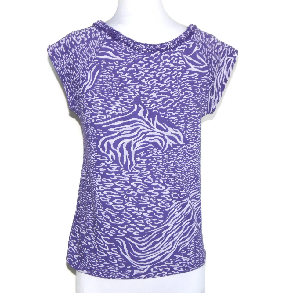 FRESH PRODUCE Purple Zebra Animal Print Ruffle Collar Cap SleeveTop Small /7176 - Image 3 of 4