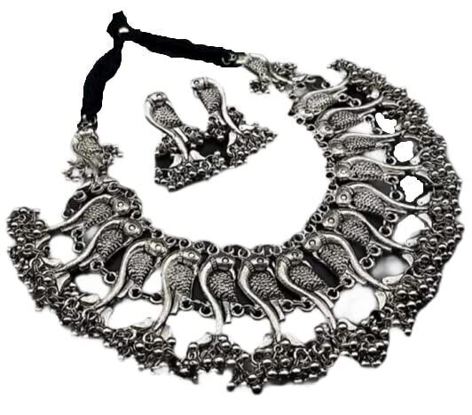 Oxidised Silver Designer Jewellery Peacock Choker Necklace Set for Women & Girls