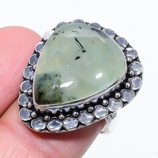 Natural Green Prehnite Gemstone 925 Sterling Silver Jewelry Ring Size 7 US 