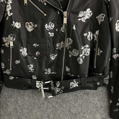 Michael Kors Jacket Women's Medium Black Leather Floral Moto
