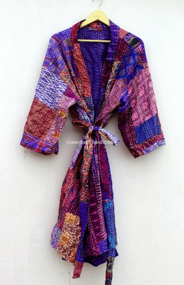 Silk patchwork handmade kantha jacket japanese kimono style kantha robe winter - Image 2 of 4